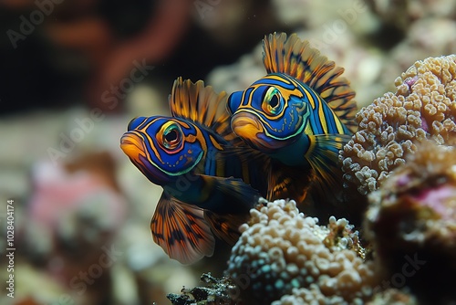 Colorful Mandarin Fish Couple Swimming in Coral Reef.