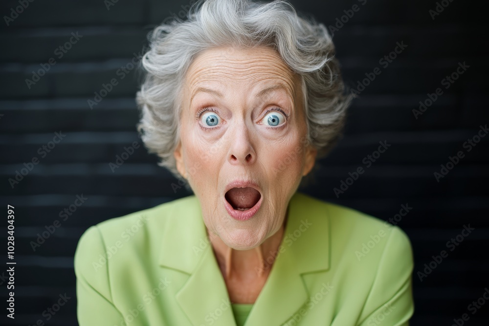 Woman with blue eyes and a surprised expression. Concept of surprise, wonder. elderly woman with an open mouth, raised eyebrow, standing in a frontal view, wearing green outfit against dark background Woman with blue eyes and a surprised expression. Concept of surprise, wonder. elderly woman with an open mouth, raised eyebrow, standing in a frontal view, wearing green outfit against dark background