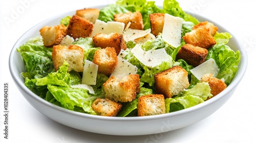 Fresh Caesar Salad with Croutons and Parmesan Cheese in a White Bowl.