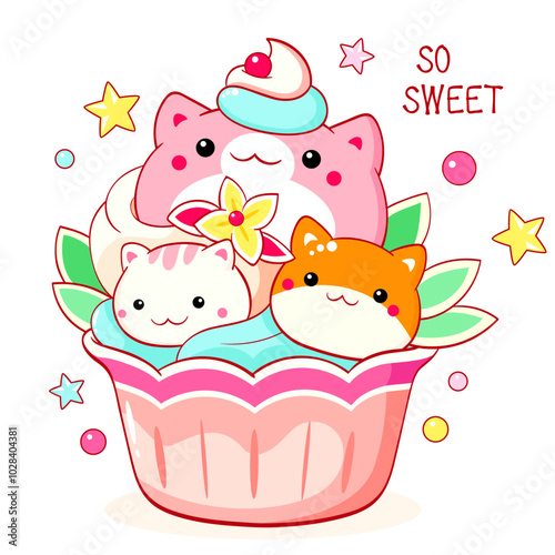 Cute cat-shaped dessert in kawaii style. Cake, muffin and cupcake with whipped cream and berry. Inscription So sweet. Can be used for t-shirt print, sticker, greeting card. Vector illustration EPS8