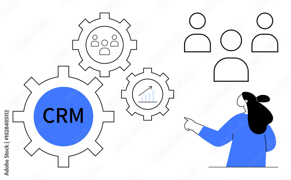 A person pointing at interconnected gears with CRM text a graph icon and people icons, Ideal for business management customer relationship management team collaboration process automation and data A person pointing at interconnected gears with CRM text a graph icon and people icons, Ideal for business management customer relationship management team collaboration process automation and data