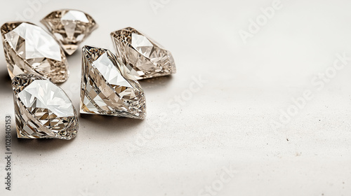Close-up of five large faceted gemstones on a plain surface with a neutral background