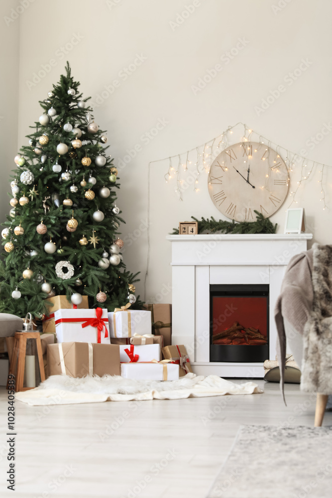Interior of living room with Christmas decor and fireplace Interior of living room with Christmas decor and fireplace