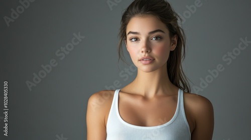 Beautiful woman in white T-shirt Female breast dark background