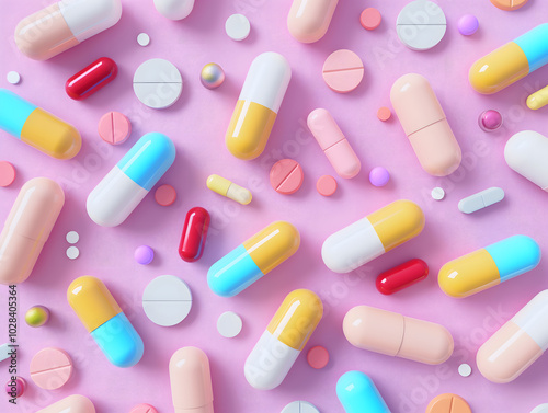 3d background with colorfull pills capsules and tablets. Healthcare and medical pharmacy