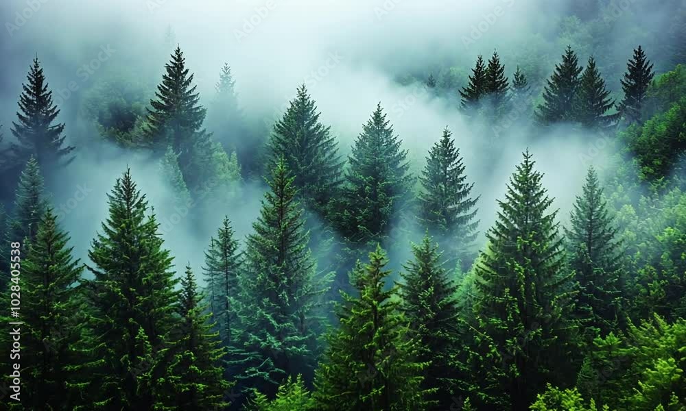 Misty forest landscape with evergreen trees and lush greenery. Misty forest landscape with evergreen trees and lush greenery.