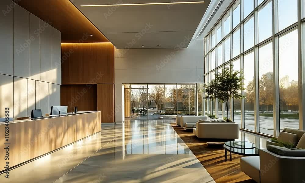 Modern reception area with large windows and minimalist design. Modern reception area with large windows and minimalist design.
