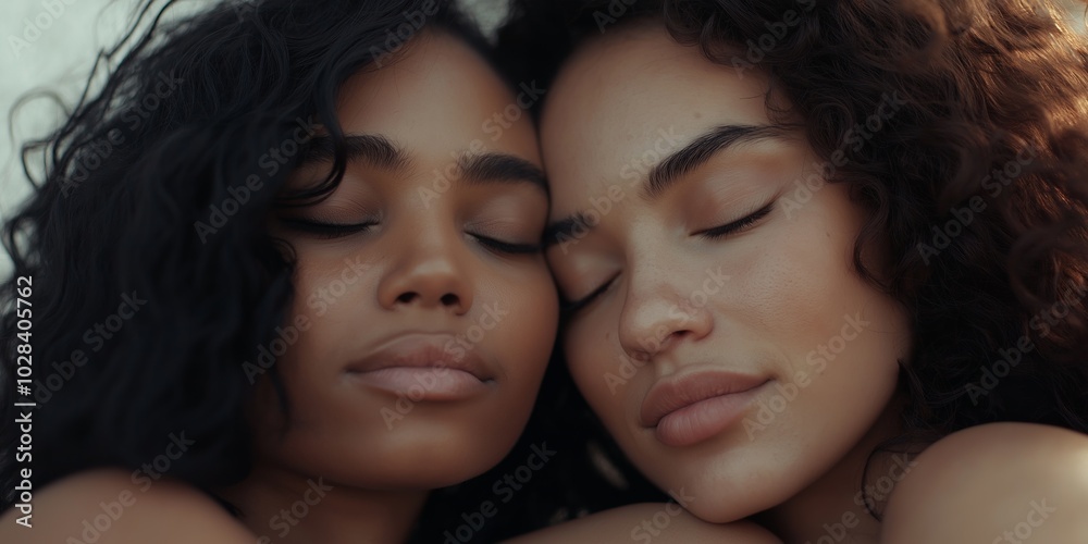 Two women are lying down and hugging each other. They have dark hair and are wearing black. Scene is warm and affectionate Two women are lying down and hugging each other. They have dark hair and are wearing black. Scene is warm and affectionate