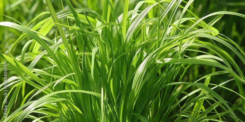 Fototapeta premium A lush green plant with long, thin leaves. The leaves are green and appear to be healthy