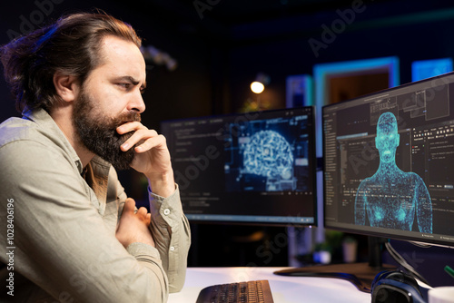 Artificial intelligence entity with anthropomorphic body escaping control of creator, appearing on screen, confusing programmer. Frowning man looking bemused at AI robot gaining humanoid form