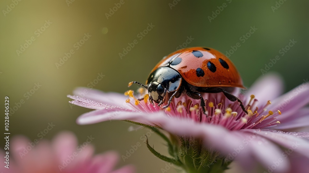 Fototapeta premium A close-up of a ladybug perched on a pink flower with a blurry background.