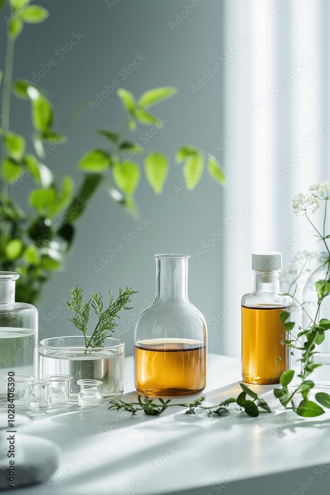 A table with several vases and bottles of different sizes and shapes, with a few plants in the background. The table is set up to display the various items, possibly for a spa or a home decor event A table with several vases and bottles of different sizes and shapes, with a few plants in the background. The table is set up to display the various items, possibly for a spa or a home decor event