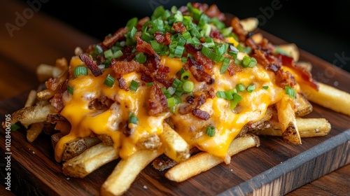 Loaded French fries with melted cheddar, bacon bits, and green onions, served on a rustic wooden board.