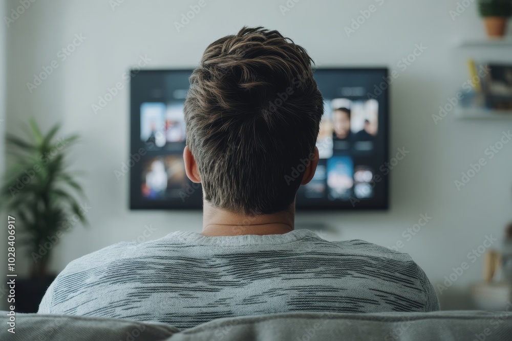 Young Handsome Man Sitting in Relaxed Pose on a Sofa and Watching TV Young Handsome Man Sitting in Relaxed Pose on a Sofa and Watching TV