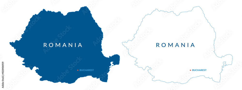 Naklejka premium Blue Romania silhouette and outline map for business presentations, posters, infographics, annual reports