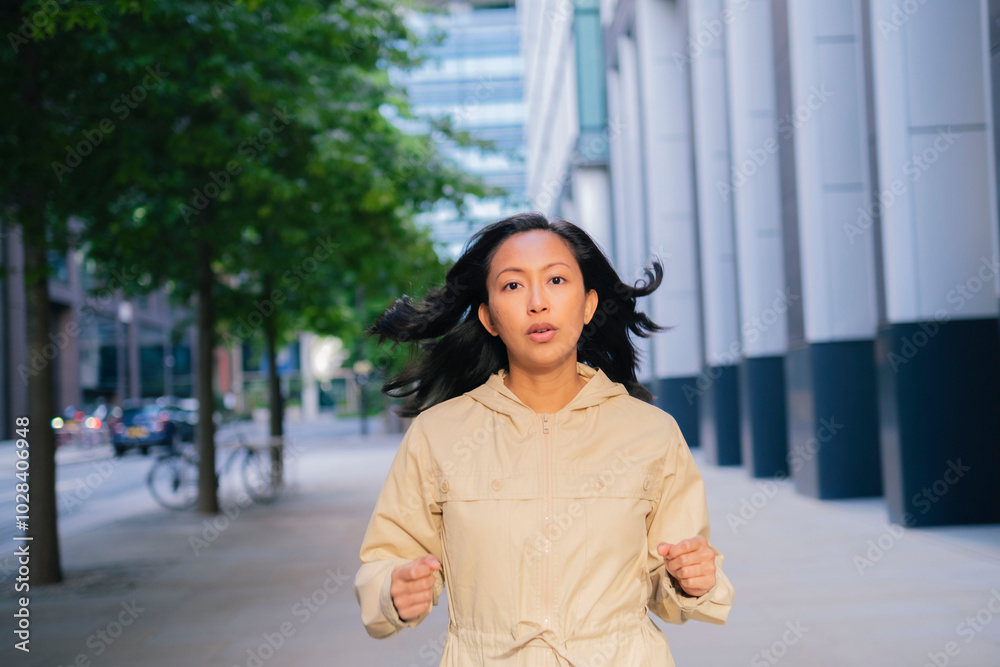 Woman spending leisure time jogging on sidewalk in city Woman spending leisure time jogging on sidewalk in city
