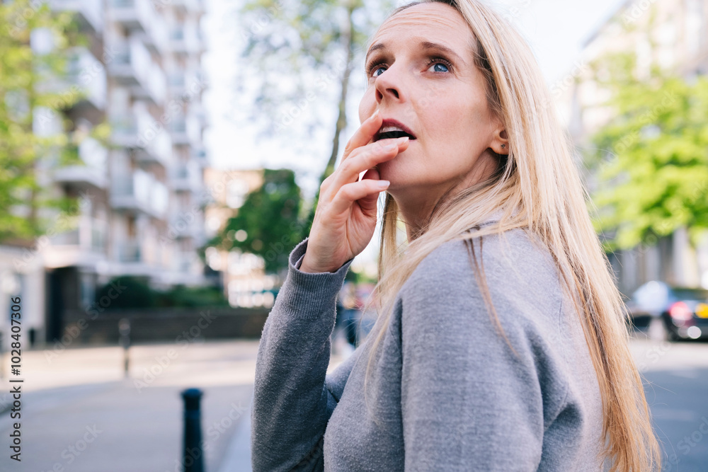 Thoughtful blond mature woman on sunny day in city Thoughtful blond mature woman on sunny day in city