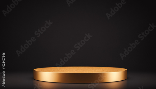 Golden circular platform against a black background. Premium photo mockup for product photography purposes.