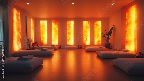 Tranquil Korean jjimjilbang spa featuring warm golden lighting and serene heated rooms with soft cushions and salt block walls