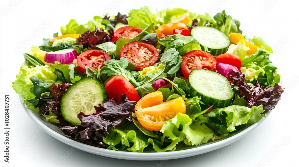 Fresh salad with tomatoes, cucumbers, bell peppers, and lettuce on a white plate. Fresh salad with tomatoes, cucumbers, bell peppers, and lettuce on a white plate.