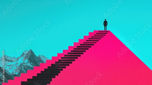 Wallpaper Mural A person standing at the bottom of a steep staircase made of unfinished tasks, each step labeled with different projects, the climb to clear a backlog Torontodigital.ca