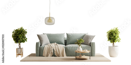 Fototapeta Naklejka Na Ścianę i Meble -  Green sofa and decor in living room on transparent background- 3D rendering