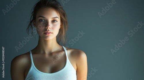 Beautiful woman in white T-shirt Female breast dark background