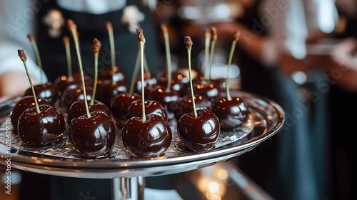 Luxury silver tray with chocolate covered cherries at an upscale event showcasing gourmet dessert presentation for special occasions and celebrations.