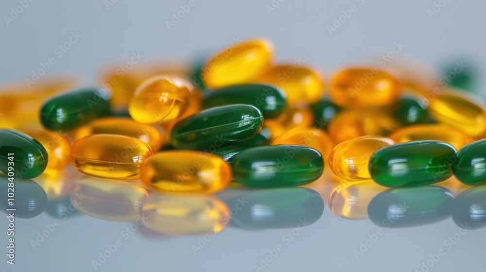 Vibrant Health Boost - Close-up of Colorful Vitamin Capsules on Reflective Surface Vibrant Health Boost - Close-up of Colorful Vitamin Capsules on Reflective Surface