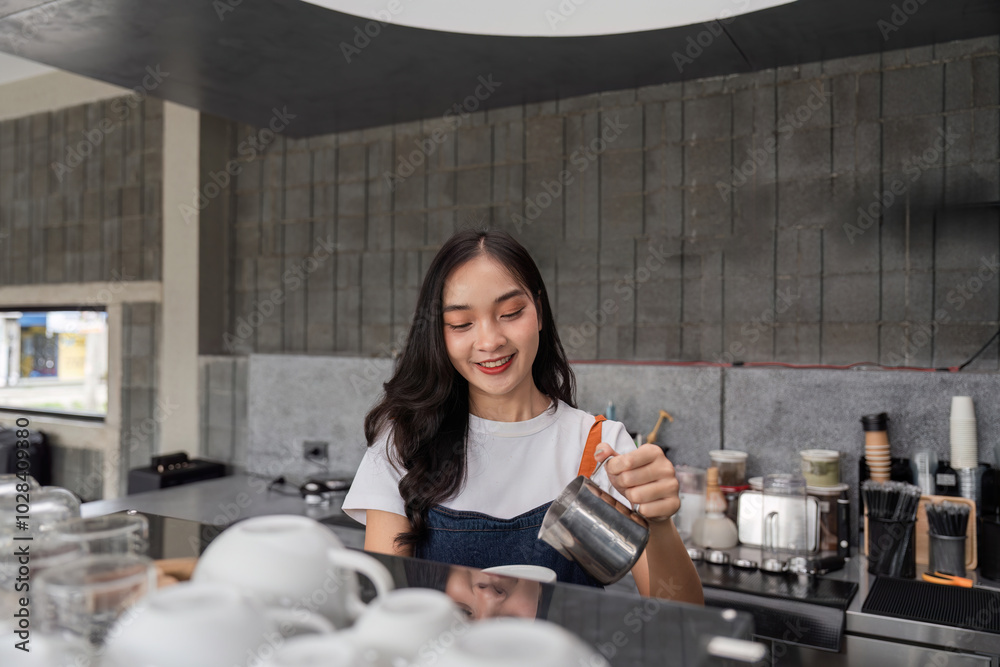 Young Barista Crafting a Perfect Cup of Coffee in a Modern cafe Setting with Professional Equipment and a Welcoming Atmosphere Young Barista Crafting a Perfect Cup of Coffee in a Modern cafe Setting with Professional Equipment and a Welcoming Atmosphere