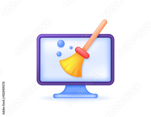cleaner concept. software or application. computer trash cleaner. cleaning junk files and useless data. illustration of a monitor with a broom. symbol or icon. minimalist 3d style design. element