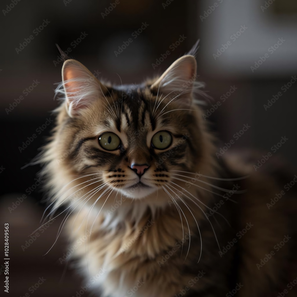 Grey fluffy cat. A grey, fluffy cat looking at the camera with an attentive and curious gaze. Pets. Animals. Grey fluffy cat. A grey, fluffy cat looking at the camera with an attentive and curious gaze. Pets. Animals.