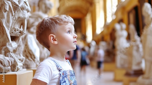 A young boy admires sculptures in a grand museum, captivated by the artistry and history surrounding him.