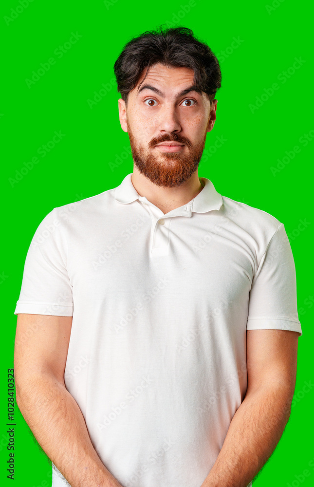 Obraz premium A man with a serious expression stands against a vibrant green background