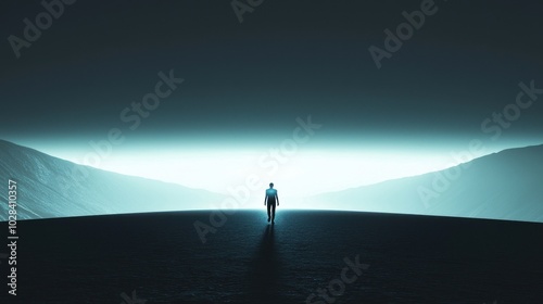 A silhouette of a person walking in an abstract, dark landscape with a glowing phone screen lighting the way, always being connected and ready to respond