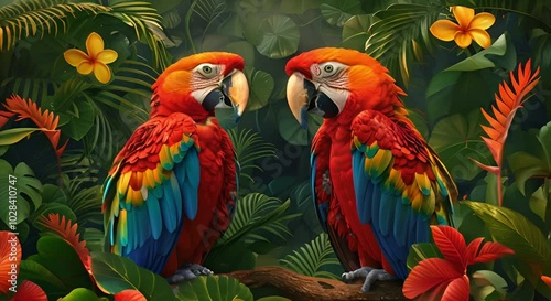 Wallpaper Mural Two Scarlet Macaws Perched in a Lush Tropical Forest Torontodigital.ca