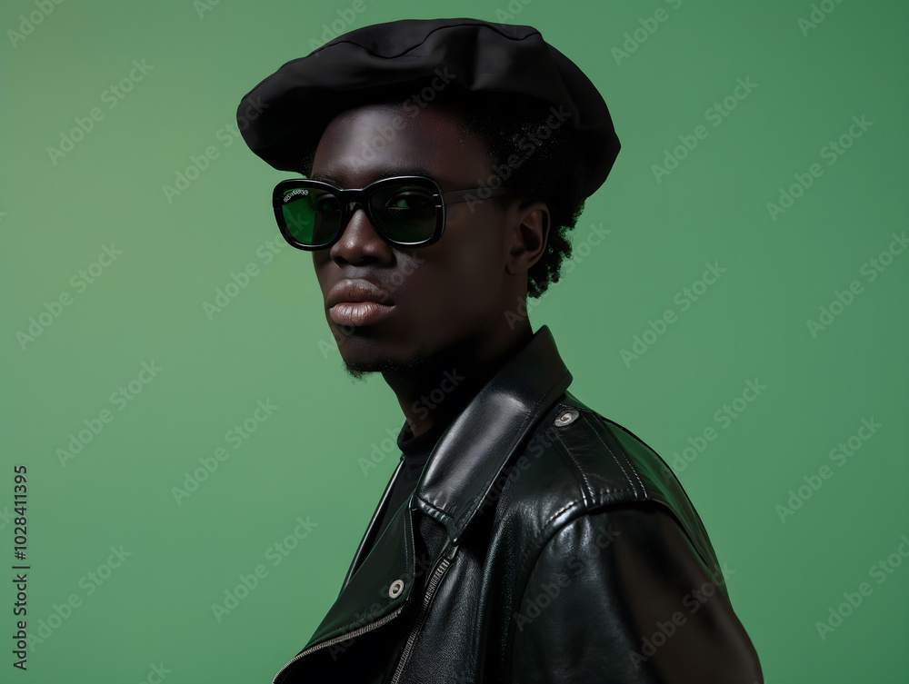 Minimalist fashion photoshoot of an African male model wearing a black leather jacket and hat, with a green background Minimalist fashion photoshoot of an African male model wearing a black leather jacket and hat, with a green background