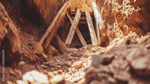 Old broken wooden beams clutter the destroyed shaft of an ancient historic gold mine photo