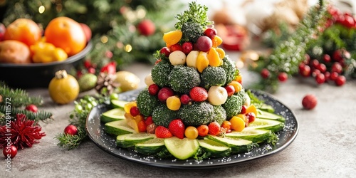 Fototapeta Naklejka Na Ścianę i Meble -  Minimalistic christmas tree with fresh fruits and vegetables for holiday celebrations