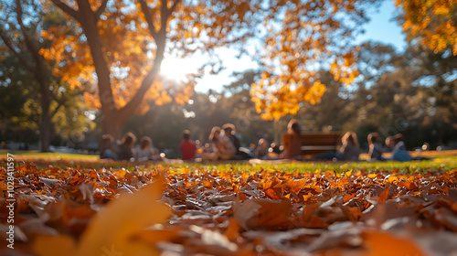 A family enjoying a casual outdoor picnic in a park, with children playing in the background and vibrant autumn leaves scattered around 
