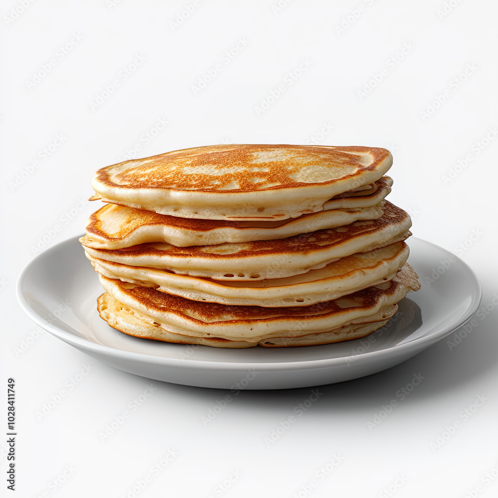 stack of pancakes on a plate, isolated white background