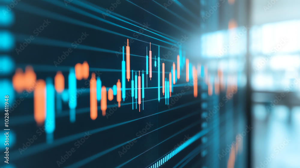 Close-up of a financial chart displaying market trends with fluctuating lines and candlesticks in vibrant colors, representing data analysis in a business environment. Close-up of a financial chart displaying market trends with fluctuating lines and candlesticks in vibrant colors, representing data analysis in a business environment.