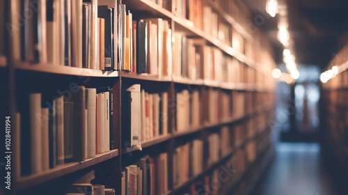 A bookshelf full of books in a library, with hanging lightbulbs above.