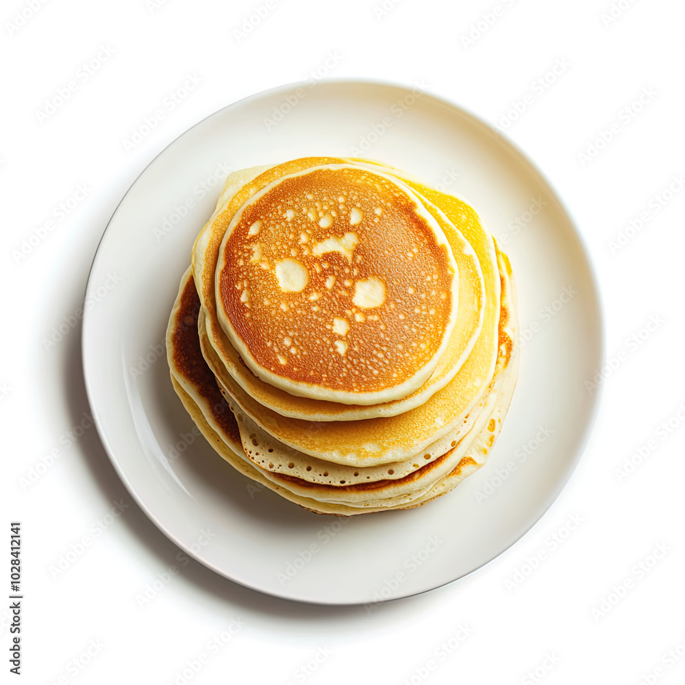 stack of pancakes on a plate, isolated white background
