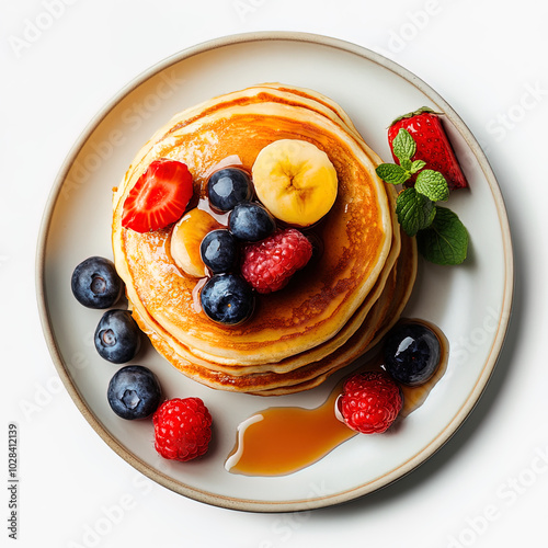 stack of pancakes on a plate, isolated white background