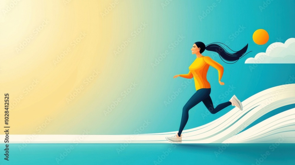 A woman runs along a sunny beach, her face lit up with joy and determination. Her movement reflects her inner strength and positive attitude toward fitness and life. A woman runs along a sunny beach, her face lit up with joy and determination. Her movement reflects her inner strength and positive attitude toward fitness and life.