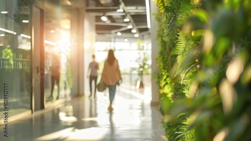 Blurred View of People Walking Past a Green Wall in a Modern Building
