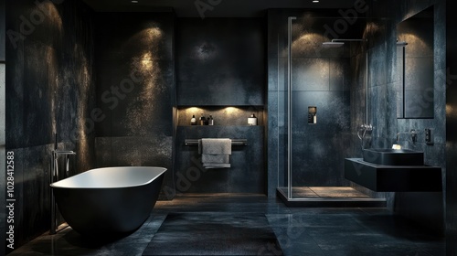 Contemporary modern bathroom interior in dark black colors and concrete elements.