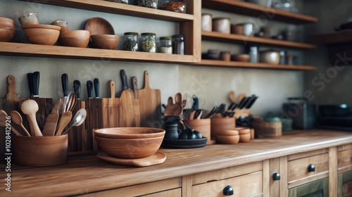 Cozy kitchen with rustic crockery including soup spoons casserole dishes and mortar and pestle sets perfect for hearty meals photo