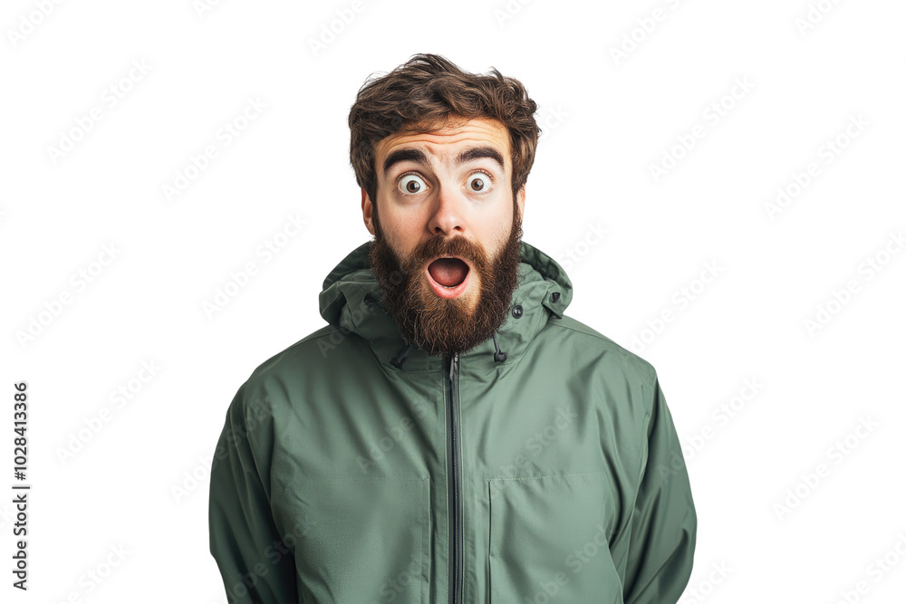 Surprised young man with a beard in a green jacket on a transparent background Surprised young man with a beard in a green jacket on a transparent background